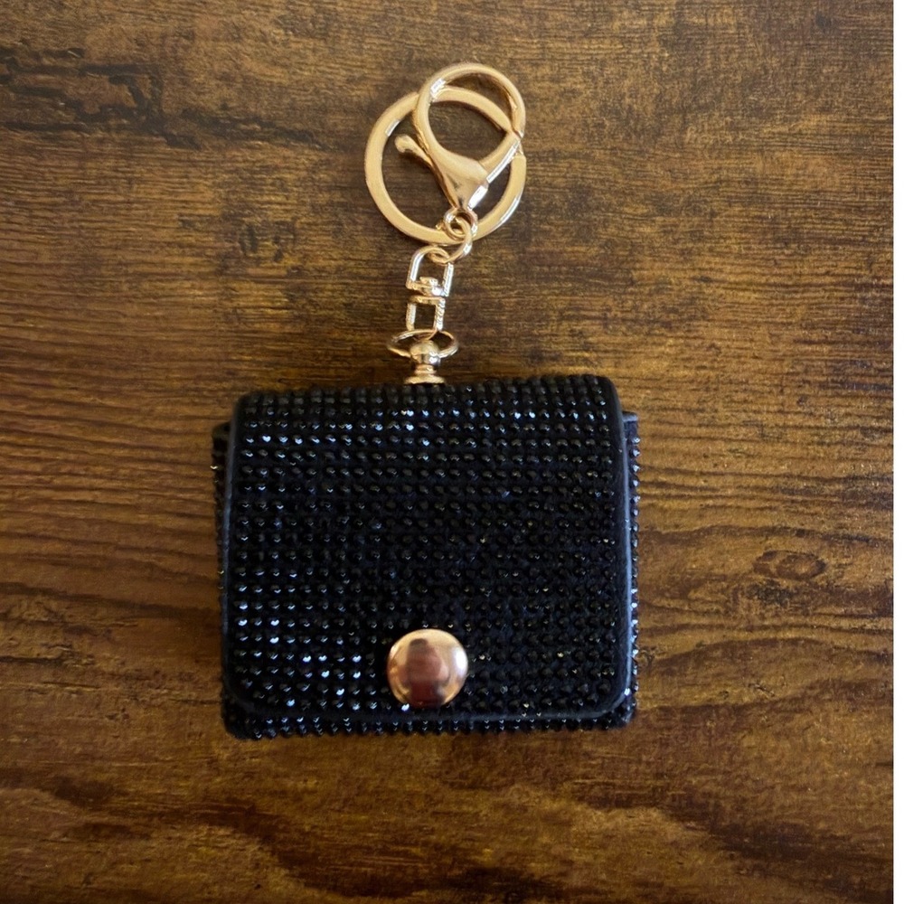 Black Rhinestone AirPod Case PU Leather Gold Tone Keychain Clip Sparkly Cover